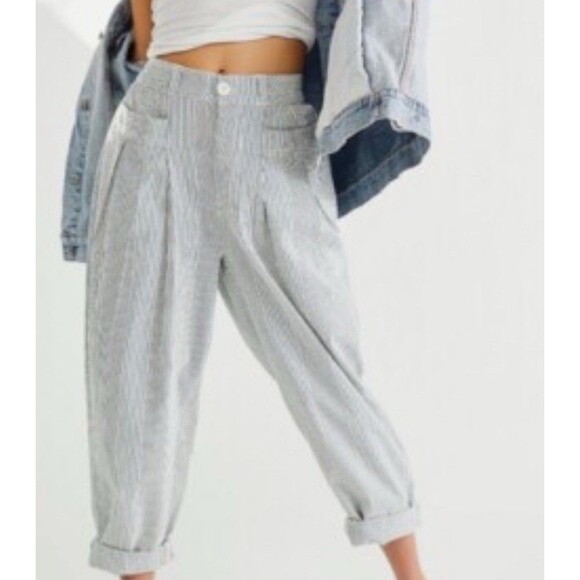 Free People Pants - Free People Make A Stand Blue White Stripe Seersucker Cotton  Pants Trouser M